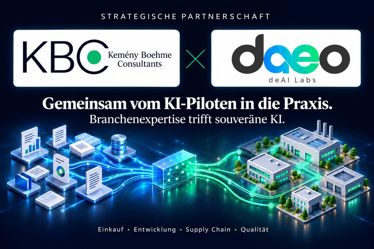 Strategische Partnerschaft von KBC und daeo: Gemeinsam vom KI-Piloten in die Praxis – Branchenexpertise trifft souveräne KI für Einkauf, Entwicklung, Supply Chain und Qualität.